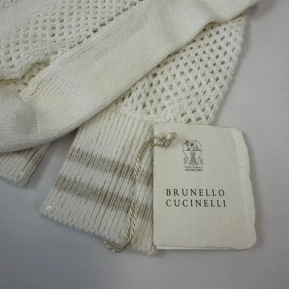 Brunello Cucinelli White Open Knit Sequin Socks MDV797989 Small NWT Made Italy